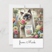 Chat fleuriste avec carte penser à vous