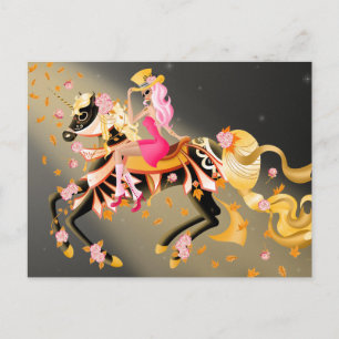 Postale Cheval Crâne de Sucre & Femme Noir Jaune Carte Pos