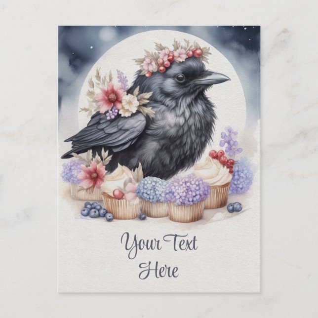 Postale Corbeau Crow Fleurs Cupcakes Carte (Devant)