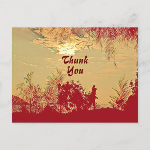 Postale Coucher de soleil chaud rouge paysage arbres carte