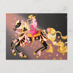Postale Crâne de sucre Cheval & Dame Noir Rose Carte posta