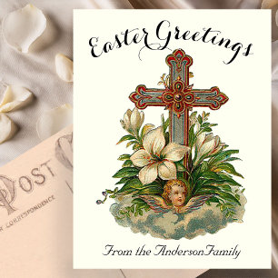 Postale Croix florale et chérubin carte de Pâques religieu