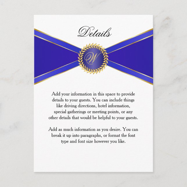 Postale Détails Carte Royal Blue Elegance avec Monogramme (Devant)