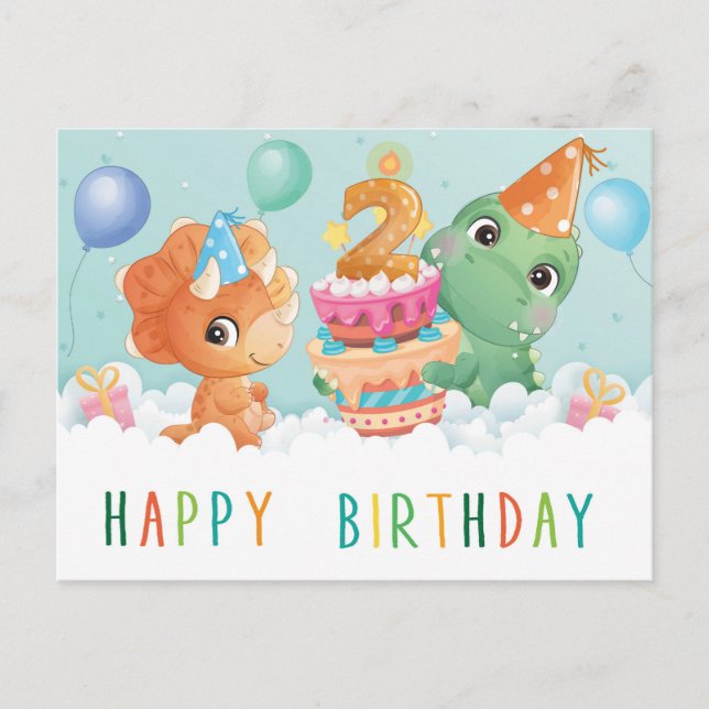 Postale dinosaure mignon carte de 2ème anniversaire (Devant)