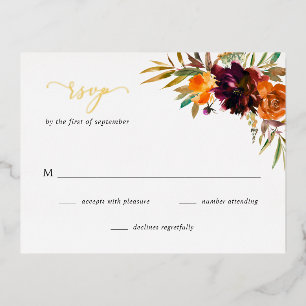Postale D'invitation À Feuilles D'aluminium Burgundy Gold Fall Floral Rustic Wedding Carte RSV