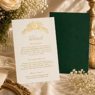 Postale D'invitation À Feuilles D'aluminium Carte de détails de mariage Régence Émeraude Ivoir