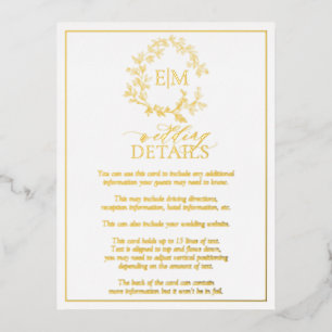Postale D'invitation À Feuilles D'aluminium Carte d'informations sur le Mariage de Monogramme 