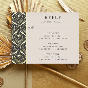 Postale D'invitation À Feuilles D'aluminium Carte RSVP Art Deco Gold Floral Mariage multi-évén