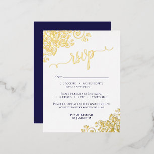 Postale D'invitation À Feuilles D'aluminium Elégant Gold Foil Marine Blue Wedding Carte RSVP