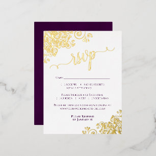 Postale D'invitation À Feuilles D'aluminium Elégant Gold Foil Plum Purple Wedding Carte RSVP