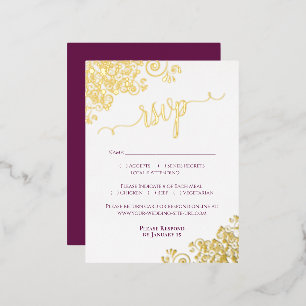 Postale D'invitation À Feuilles D'aluminium Elégant Magenta Plum Gold Foil Wedding Carte RSVP