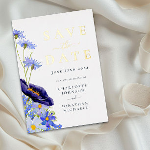 Postale D'invitation À Feuilles D'aluminium Élégante Carte de Mariage Fleur des Champs Bleue a