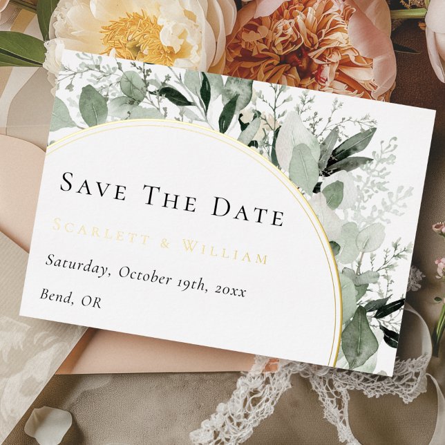 Postale D'invitation À Feuilles D'aluminium FOIL Eucalyptus Gold Wedding Enregistrer La Carte  (Créateur téléchargé)