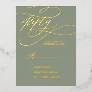 Postale D'invitation À Feuilles D'aluminium Huile d'or romantique   Carte Sage Green RSVP simp