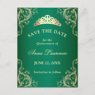 Postale Élégant Damassé Vert Quinceanera Carte de Pré-Rése