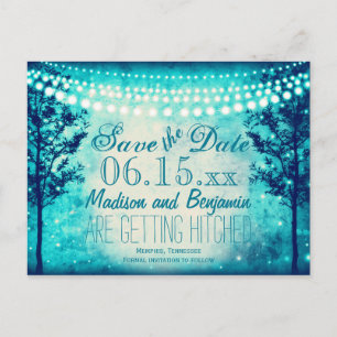 Postale Faire-part Aqua Trees String Lights Enregistrer la date Carte