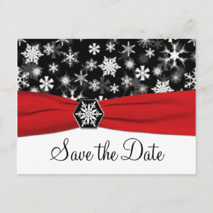 Postale Faire-part Black, White, Red Snowflakes Enregistrer la carte 
