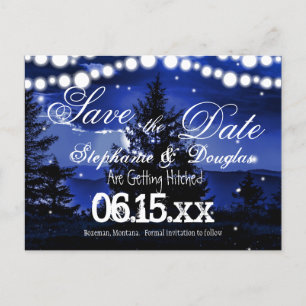 Postale Faire-part Blue Tree Twinkle Lights Enregistrer la date Carte