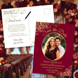 Postale Faire-part Broderie dorée sur carte de mariage marron Save th