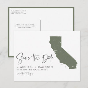 Postale Faire-part Carte de Californie en vert taupe avec code QR pou