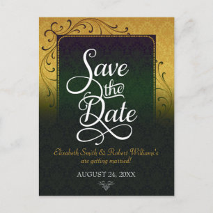 Postale Faire-part Carte de pré-annonce Golde Green Damask Elegance