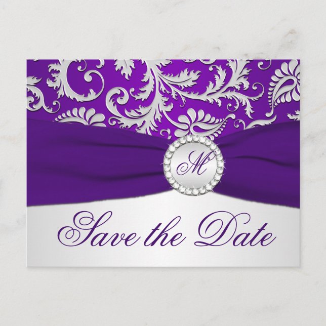 Postale Faire-part Carte de rappel Purple et Argent en damas (Devant)