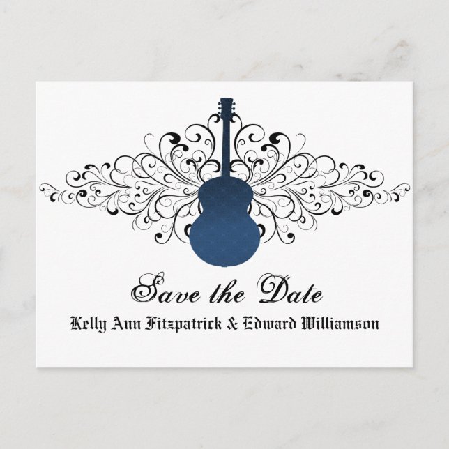 Postale Faire-part Carte de sauvegarde avec guitare à tourbillons ble (Devant)