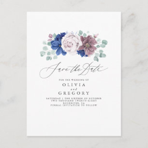 Postale Faire-part Carte de sauvegarde de date Navy Blue et Mauve Flo