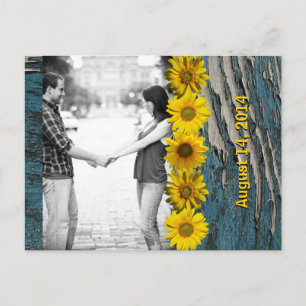 Postale Faire-part Carte de sauvegarde Teal Blue Wood Look Sunflower 