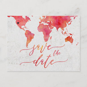 Postale Faire-part Carte du monde à l'aquarelle corail Mariage Enregi