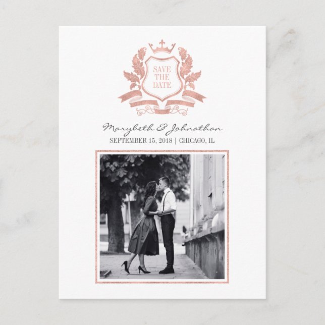 Postale Faire-part Classic Rose Gold Crest Enregistrer La Date Carte  (Devant)