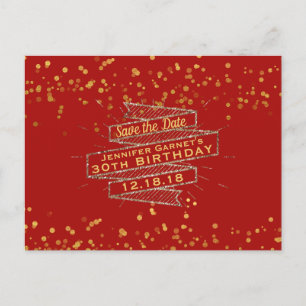 Postale Faire-part Confettis Rouge Or Anniversaire Carte de Pré-réser