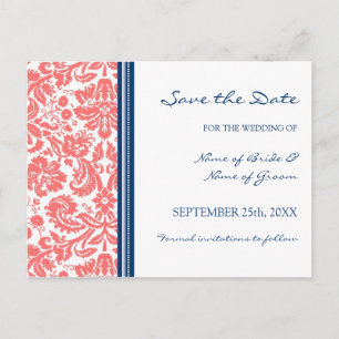 Postale Faire-part Coral Blue Damask Enregistrer la date Carte postal