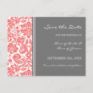 Postale Faire-part Coral Grey Damask Enregistrer la date Carte postal