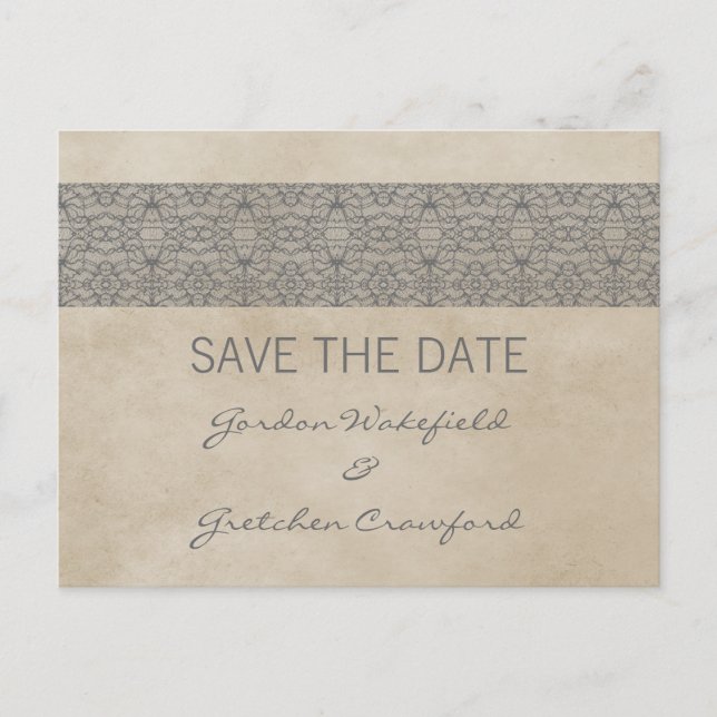 Postale Faire-part Dentelle rustique gris Enregistrer la date Carte p (Devant)