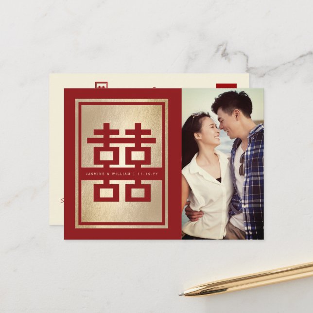 Postale Faire-part Double Mariage Bonheur Enregistrer La Date Carte P (Devant/Arrière en situation)