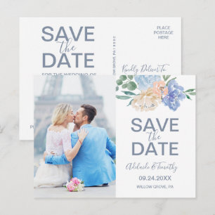 Postale Faire-part Dusty Blue Florals Photo Enregistrer la date Carte