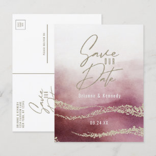 Postale Faire-part Élégant aquarelle bordeaux et or, carte de sauvega