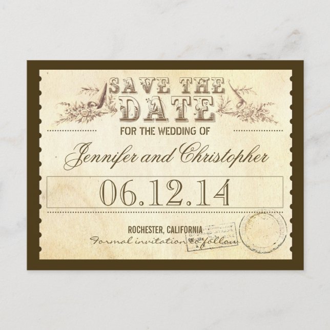 Postale Faire-part enregistrer la date carte typographique de billets (Devant)