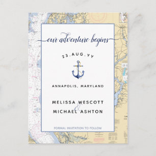 Postale Faire-part Enregistrez la date Bleu poussiéreux Carte nautiqu
