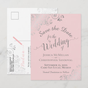Postale Faire-part Fronces argentées sur carte de mariage rose pâle à
