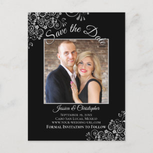 Postale Faire-part Lacy Silver sur carte de mariage noir Enregistrer 