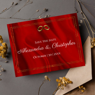 Postale Faire-part Luxueux mariage en soie rouge et or, carte "Save t