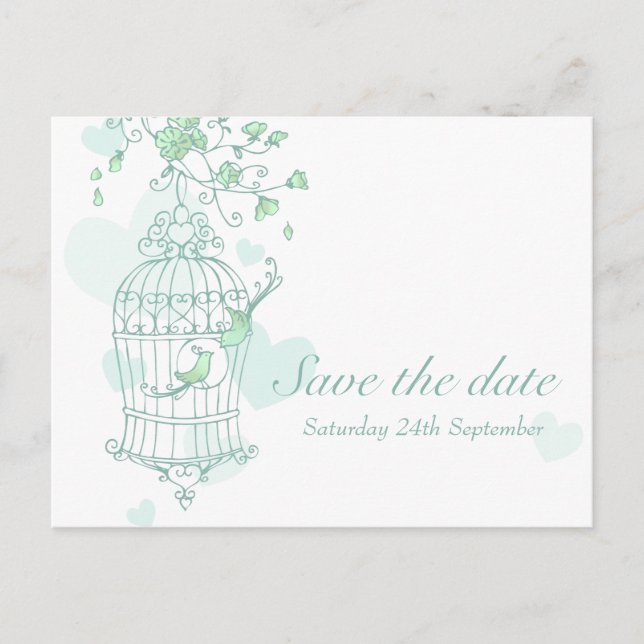 Postale Faire-part Mint birds open cage mariage enregistrer la carte  (Devant)