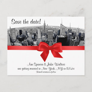 Postale Faire-part Nyc Fisheye Gravée Skyline NB Rouge Carte de Faire