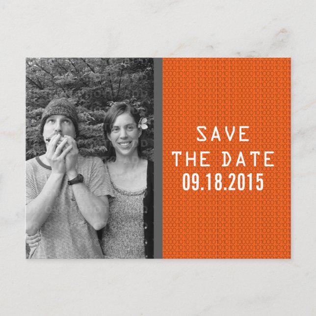 Postale Faire-part Orange Binary Code Photo Enregistrer la date Carte (Devant)