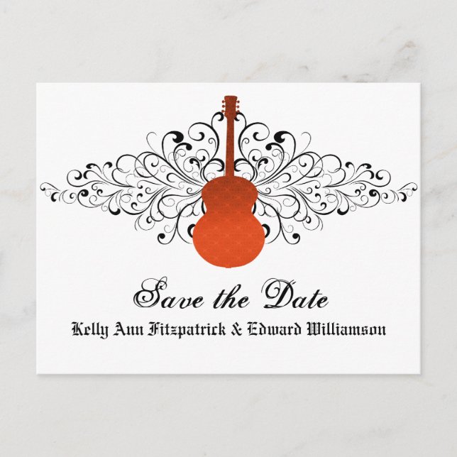 Postale Faire-part Orange Swirls Guitare Enregistrer la date Carte po (Devant)