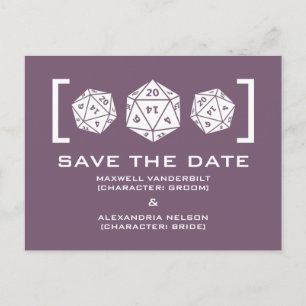 Postale Faire-part Purple D20 Dice Gamer Enregistrer la date carte po