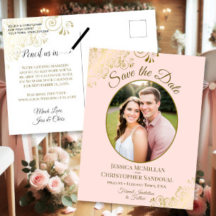 Postale Faire-part Rubans dorés sur carte de mariage rose Save the Da