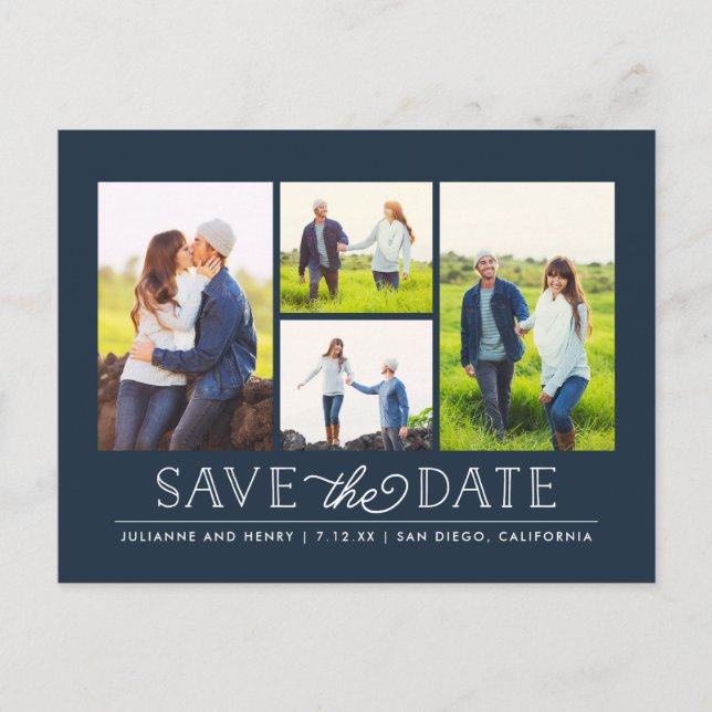 Postale Faire-part Stylish Navy 4 Photo Enregistrer la date Carte pos (Devant)